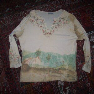 SKINNY MINNIE Blouse Womens Large Top 3/4  Sleeve Brown Shirt Vintage Y2K